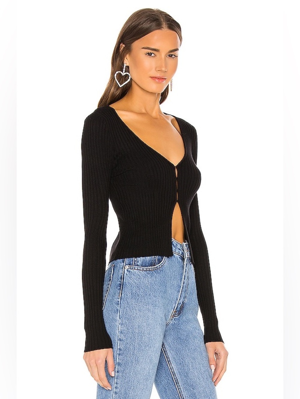 superdown Black Ribbed Long-Sleeve Crop Top with Front Cutout - Picture 3 of 6